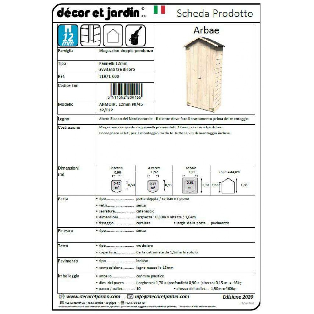 Armadio in legno ARBAE 1,05 x 0,58 x h 1,86 m da esterno